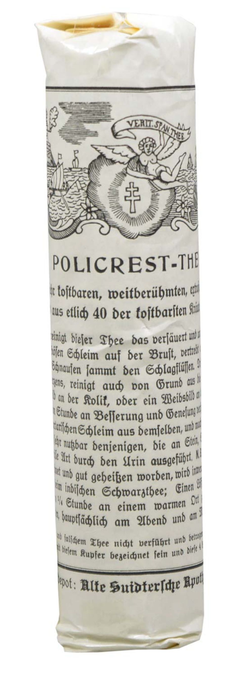 Nahaufnahme eines weissen Zylinders mit schwarzer Schrift. Das Etikett zeigt ein Emblem und deutschen Text, was auf ein antikes Heilmittel hindeutet.