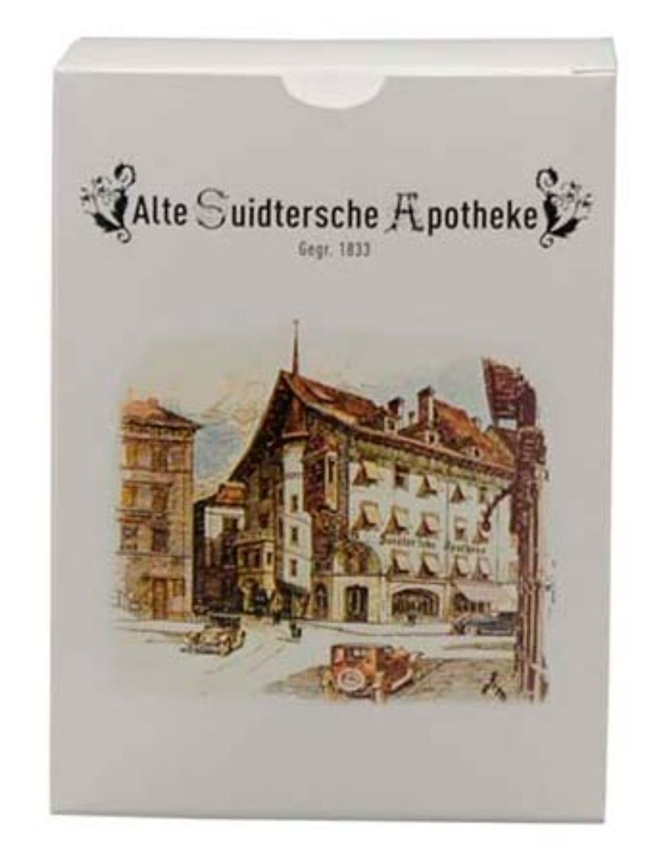 Weisser Kasten mit Zeichnung eines historischen Gebäudes, darüber der Text „Alte Suidtersche Apotheke“.