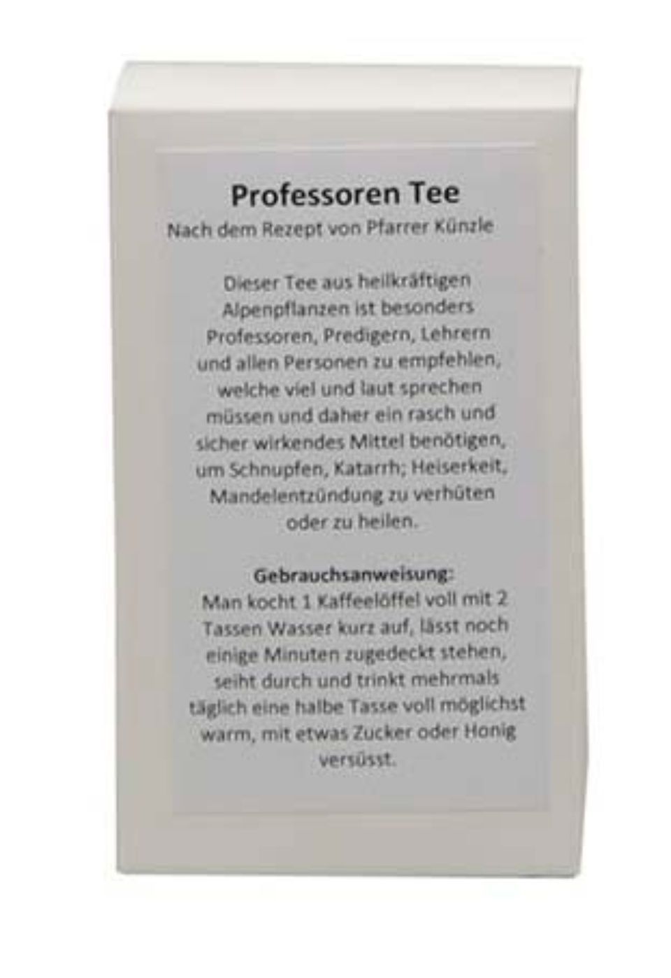 Weisse Schachtel mit „Professoren Tee“-Tee und deutschem Text, einschliesslich Gebrauchsanweisung und Informationen zu den gesundheitlichen Vorteilen.