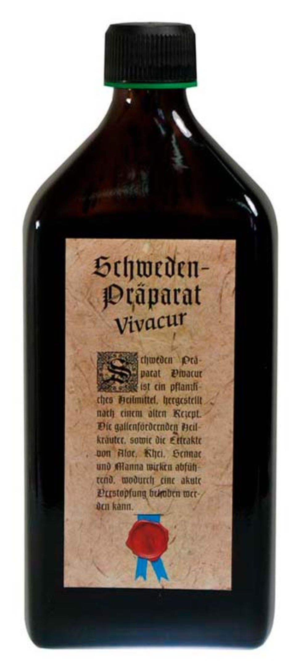 Dunkelbraune Flasche „Schweden-Präparat Vivactur“ mit schwarzem Verschluss und Etikett.