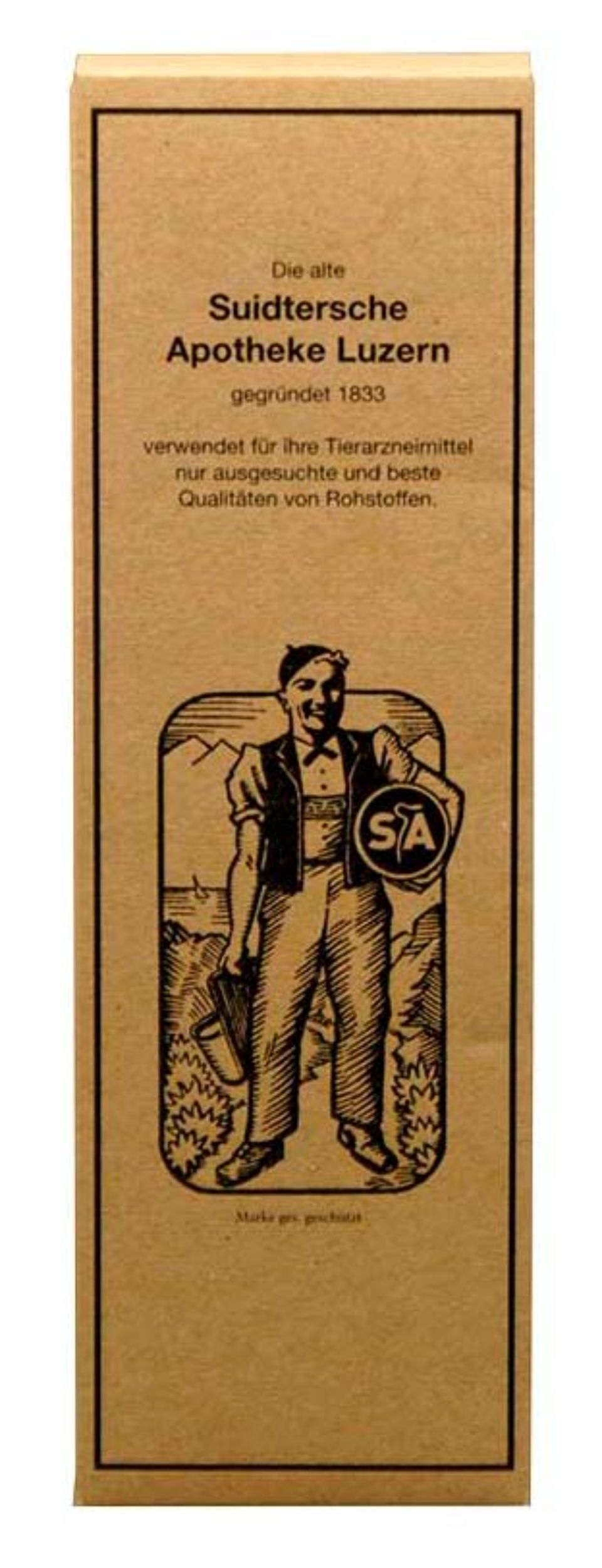Produktverpackung mit Text und einer Zeichnung eines Mannes. Schweizer Apotheke Luzern, gegründet 1891.