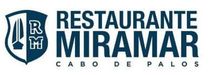 Logotipo del Restaurante Miramar, texto azul marino y blanco con un icono de escudo, Cabo de Palos