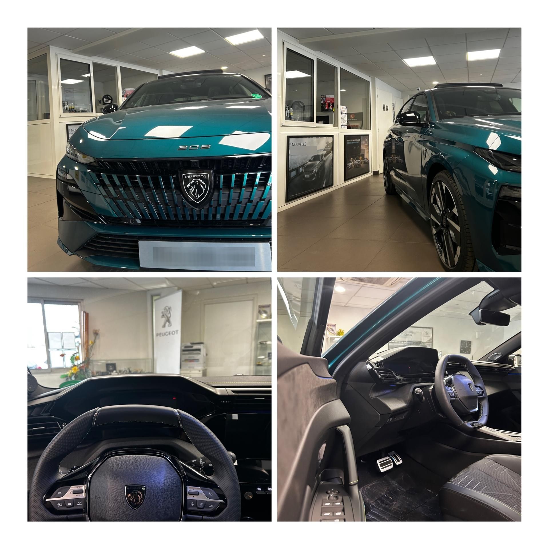 Collage d'un extérieur de SUV de luxe turquoise et du poste de conduite à l'intérieur d'une salle d'exposition.