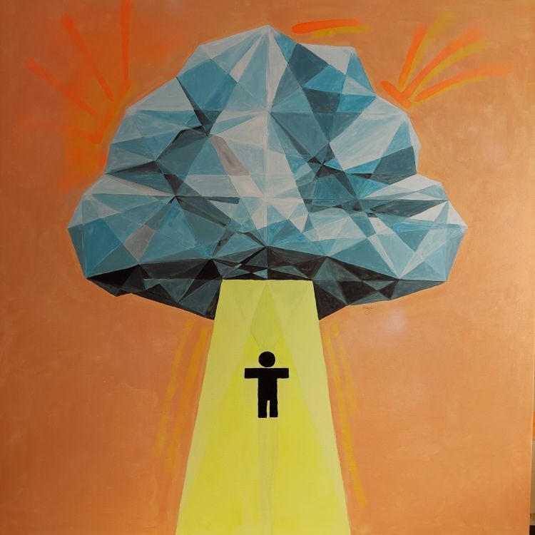 Obra de arte abstracta: nube geométrica azul sobre una persona, con rayos de luz amarillos sobre un fondo naranja.