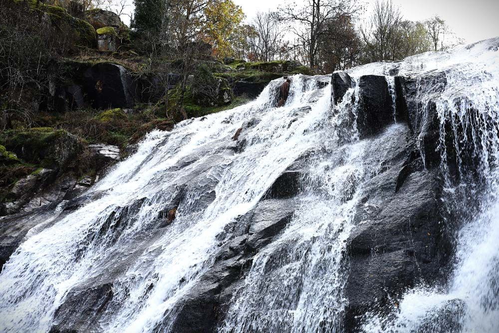 Cascada cayendo sobre rocas oscuras y cubiertas de musgo; árboles en el fondo.