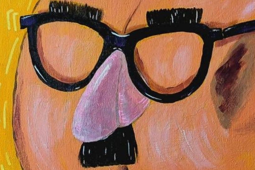 Pintura en primer plano de un rostro disfrazado con gafas novedosas, nariz y bigote.