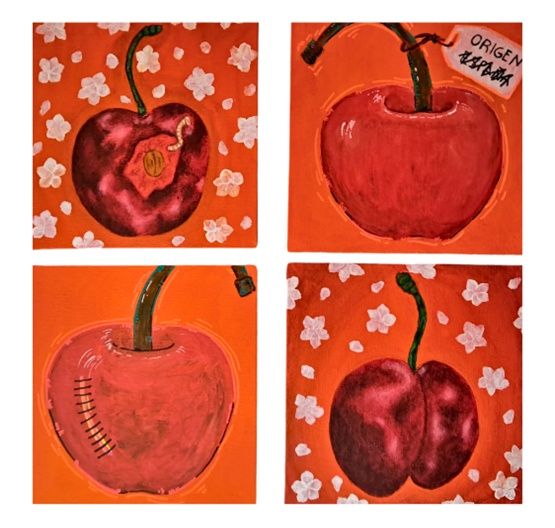 Cuatro paneles de cerezas rojas sobre fondos naranjas, algunos con flores, los detalles incluyen puntadas, tallos y detalles centrales.