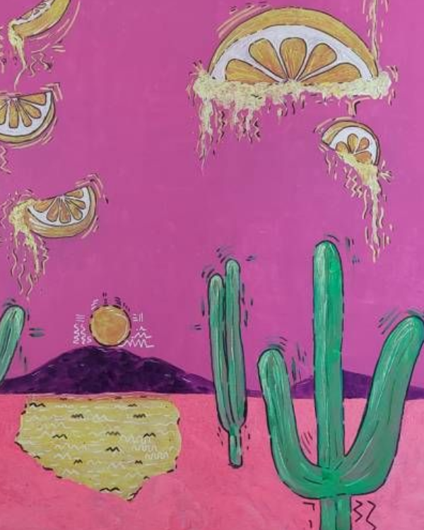 Paisaje desértico rosado con cactus de dibujos animados y rodajas de limón goteando.
