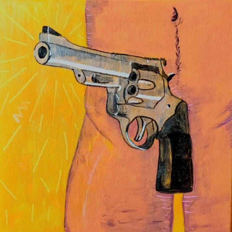 Revólver apuntando a un cuerpo naranja. Fondo amarillo.