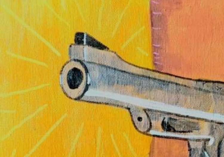 Pistola apuntando, emanando luz amarilla.
