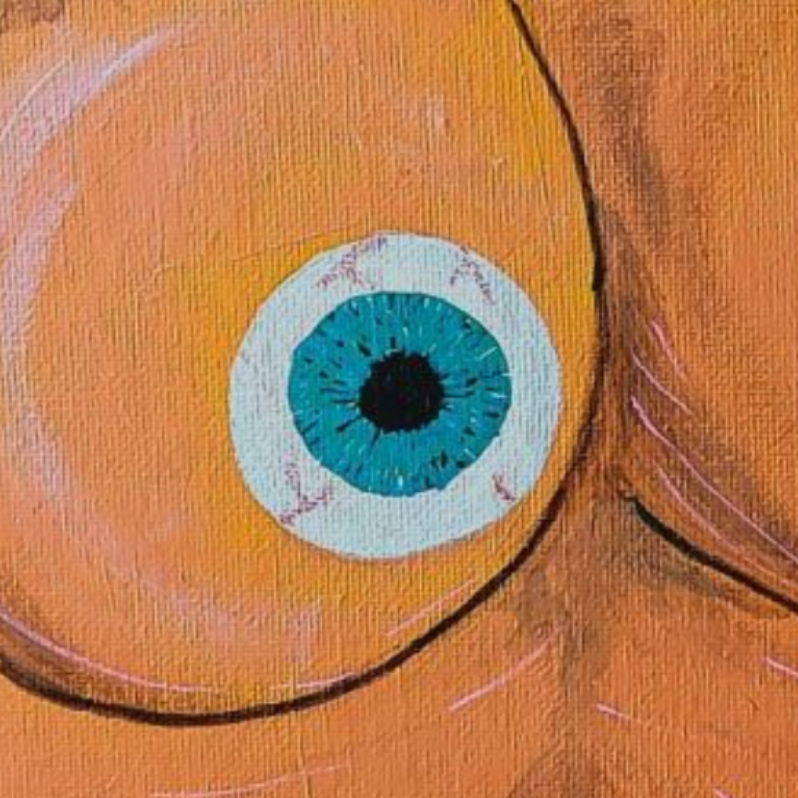 Torso naranja con un globo ocular azul pintado en el pecho.