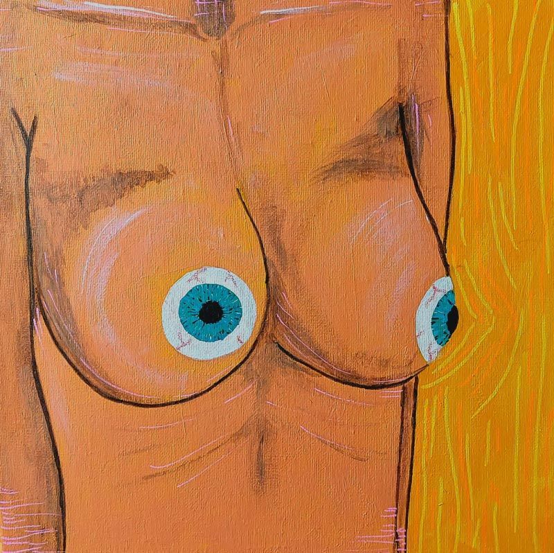Torso con ojos en lugar de pezones; piel naranja, ojos azules y blancos, fondo amarillo.