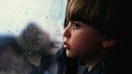 Un enfant de profil regarde par une fenêtre mouchetée de pluie, avec des arbres flous à l'extérieur.