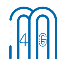 Logotipo azul con dos arcos conectados, el 