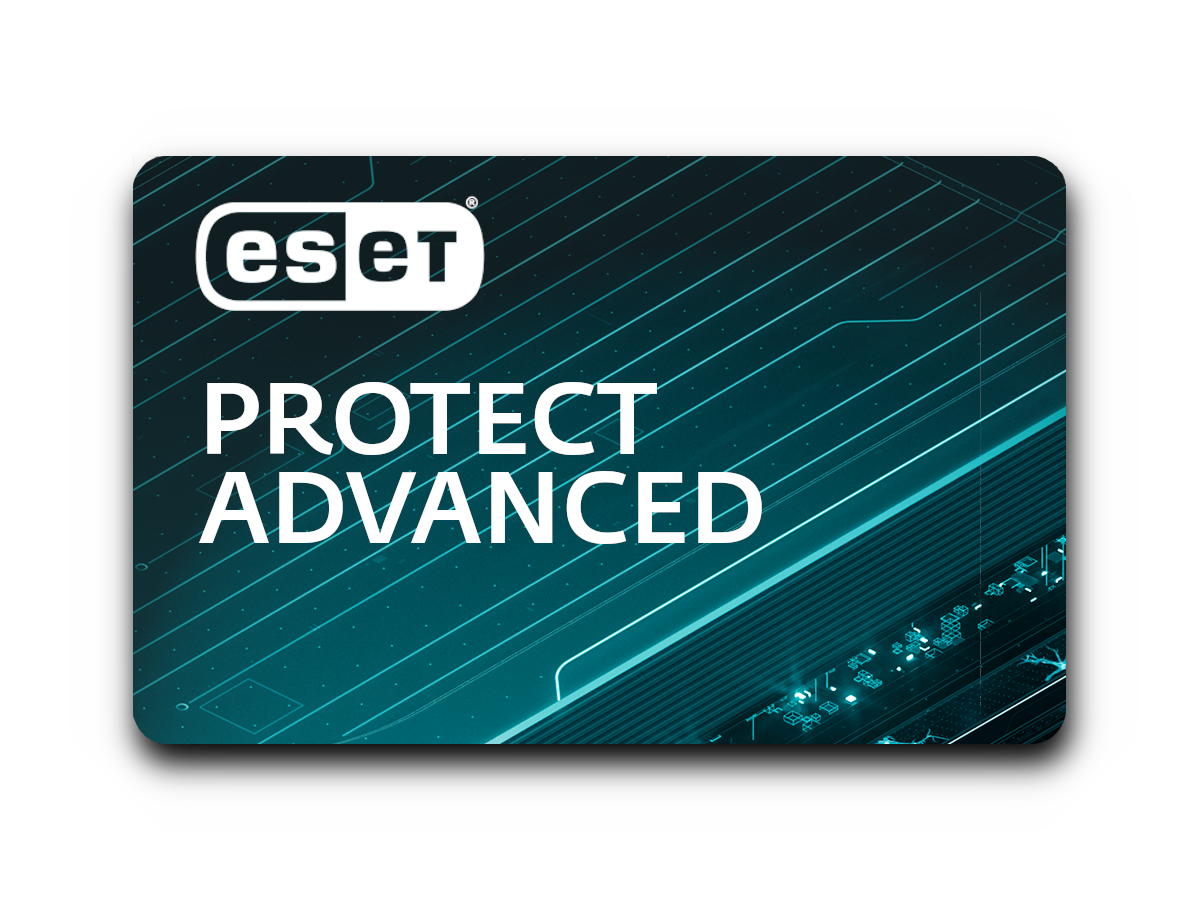 Tarjeta ESET Protect Advanced con texto blanco sobre fondo verde azulado.
