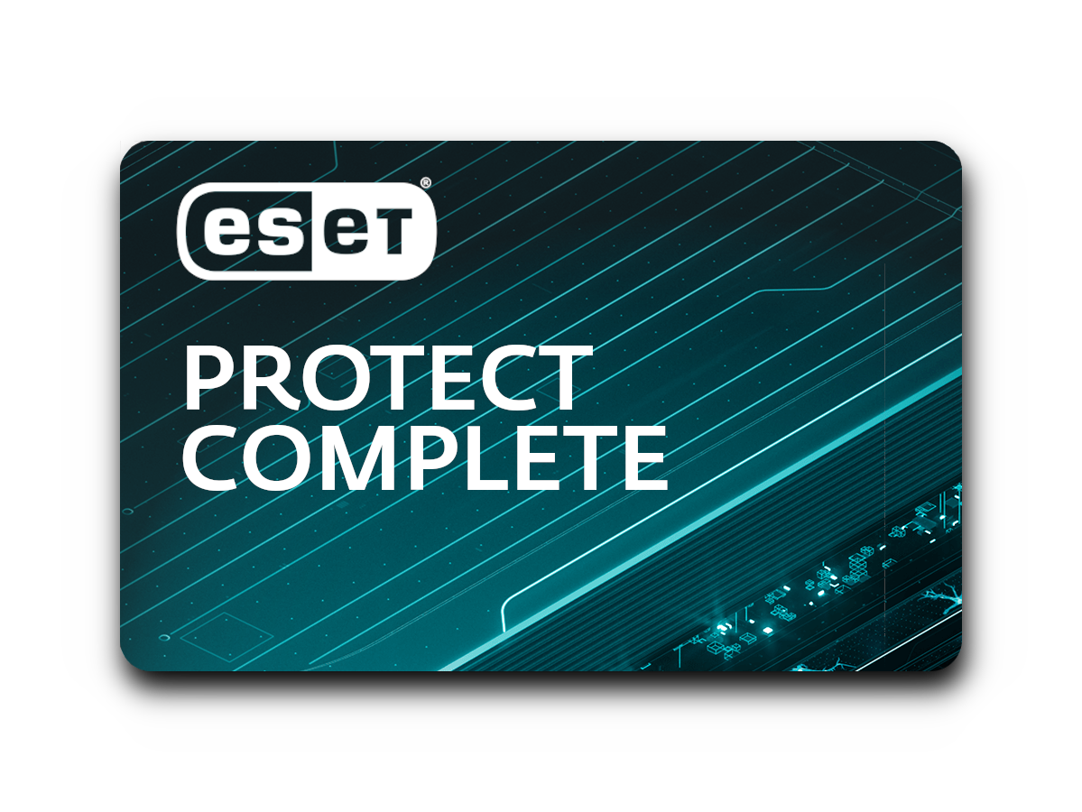 Tarjeta de seguridad ESET Protect Complete con texto blanco sobre fondo turquesa. Logotipo de ESET en la parte superior.