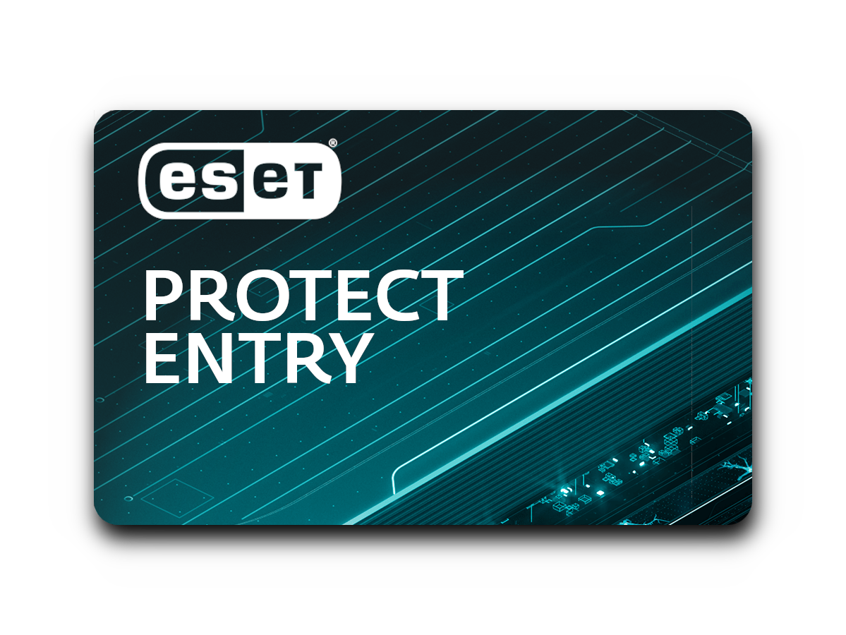 Tarjeta de entrada de ESET Protect, texto blanco sobre fondo degradado azul.