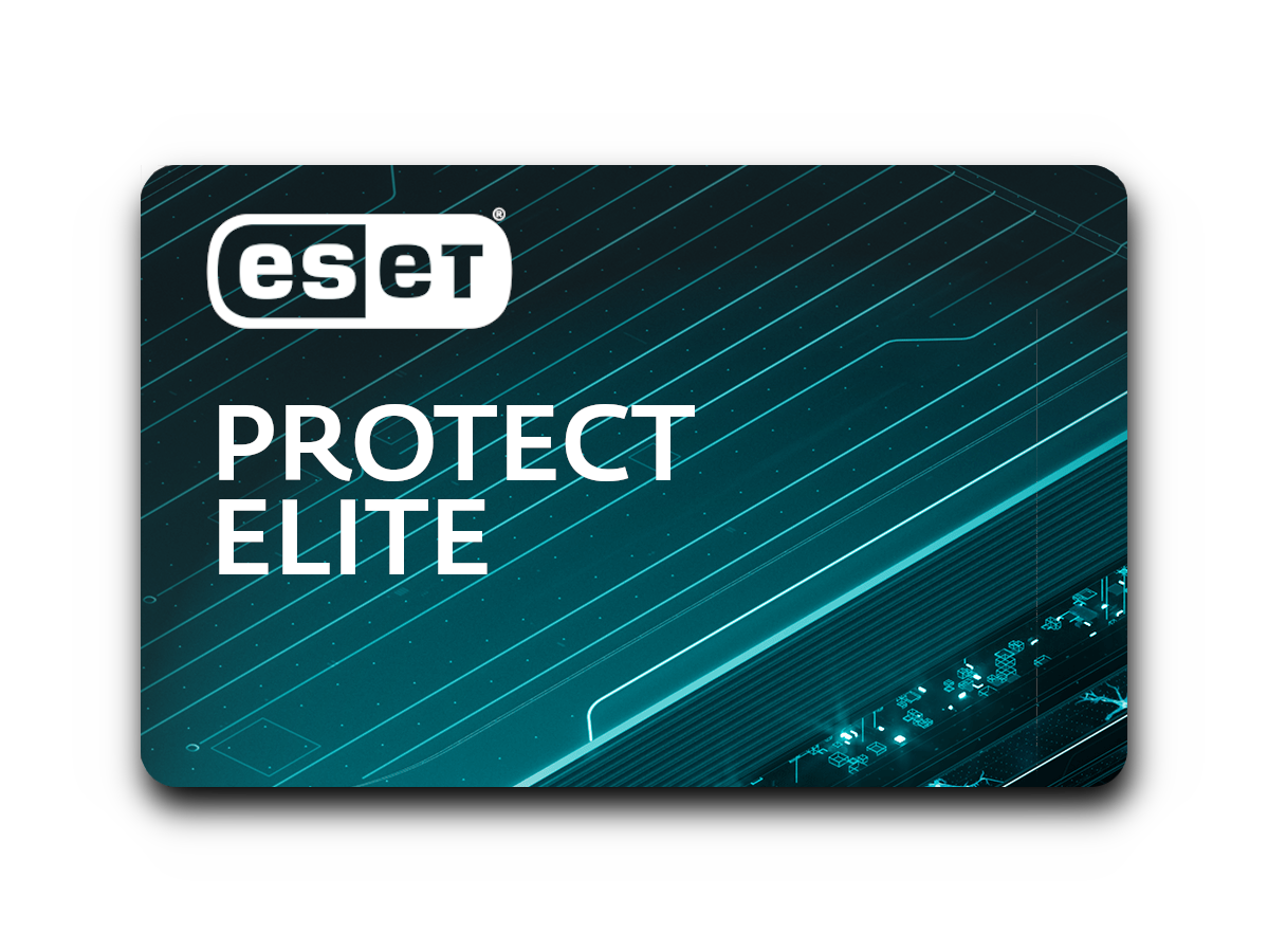 Tarjeta ESET Protect Elite con fondo degradado en verde azulado y negro.