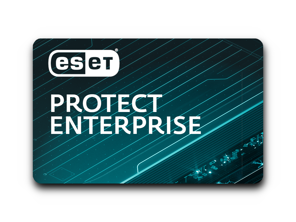 Tarjeta ESET Protect Enterprise con fondo degradado en verde azulado y negro.