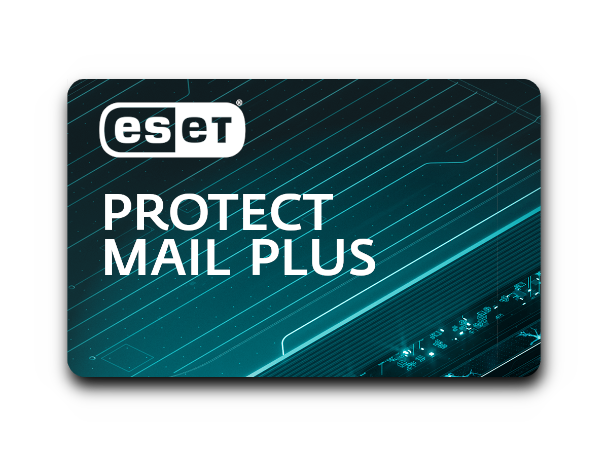 Tarjeta ESET Protect Mail Plus con texto blanco sobre un fondo geométrico azul.