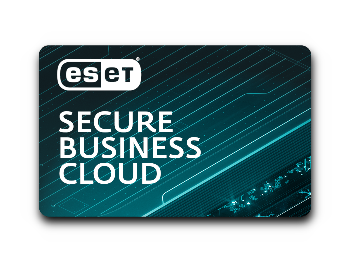 Tarjeta ESET Secure Business Cloud con fondo azul y negro.