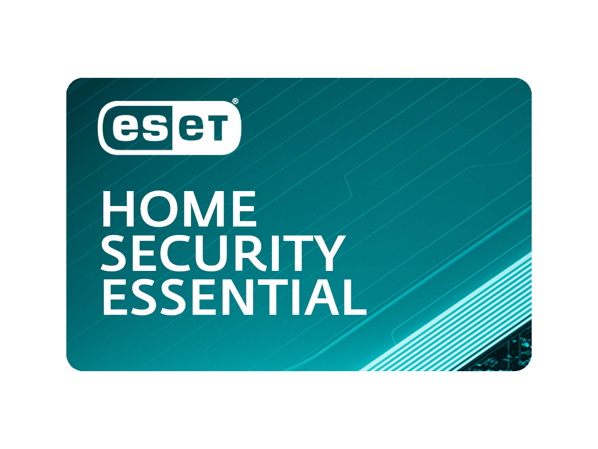 Tarjeta de producto ESET Home Security Essential. Fondo turquesa con texto y logotipo en blanco.