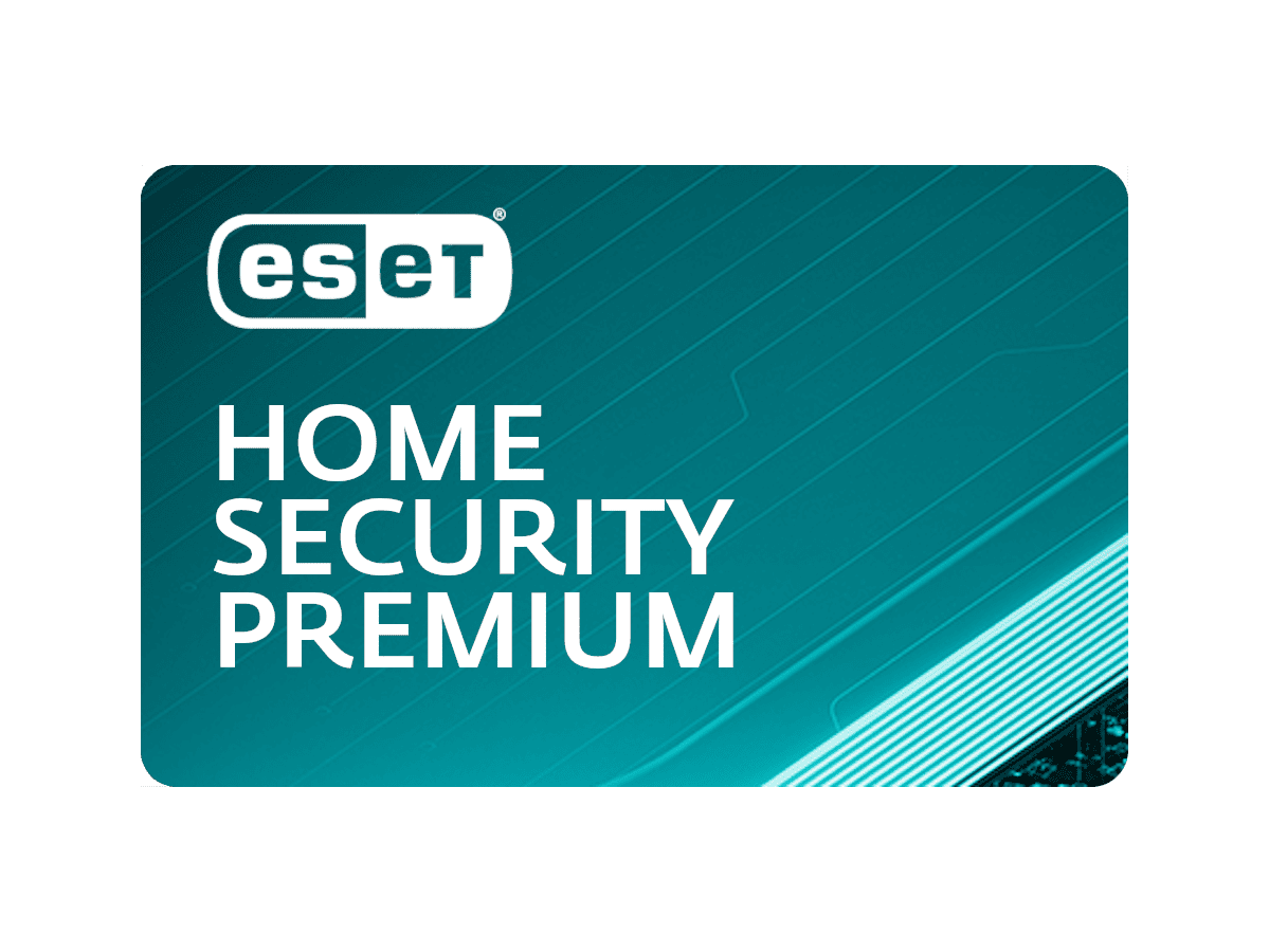 Tarjeta ESET Home Security Premium, de color azul verdoso con el logotipo de ESET y el nombre del producto.