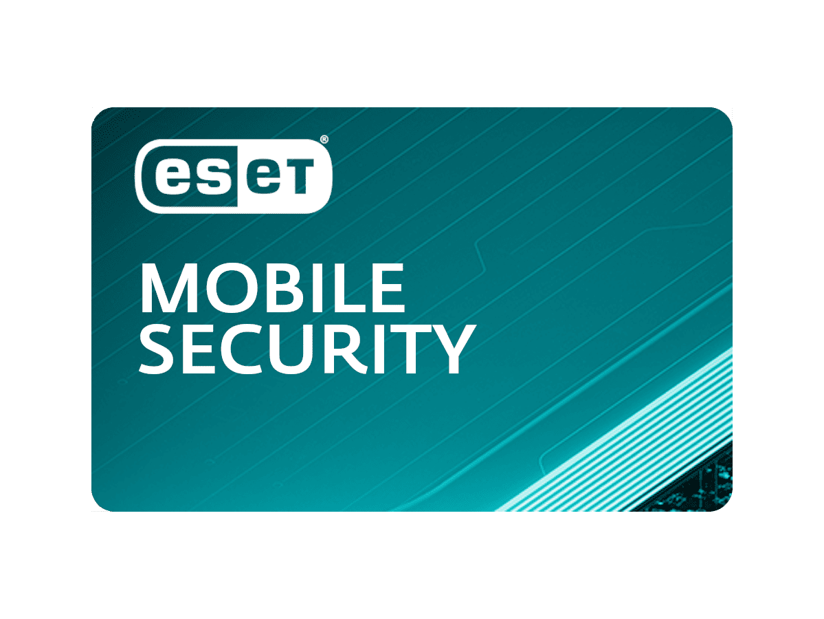 Tarjeta de ESET Mobile Security con fondo verde azulado y texto blanco.