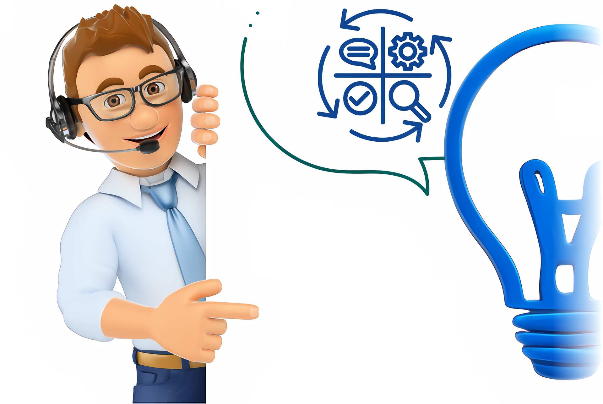Un hombre con auriculares señala un cartel, un globo de diálogo con iconos y una bombilla azul.