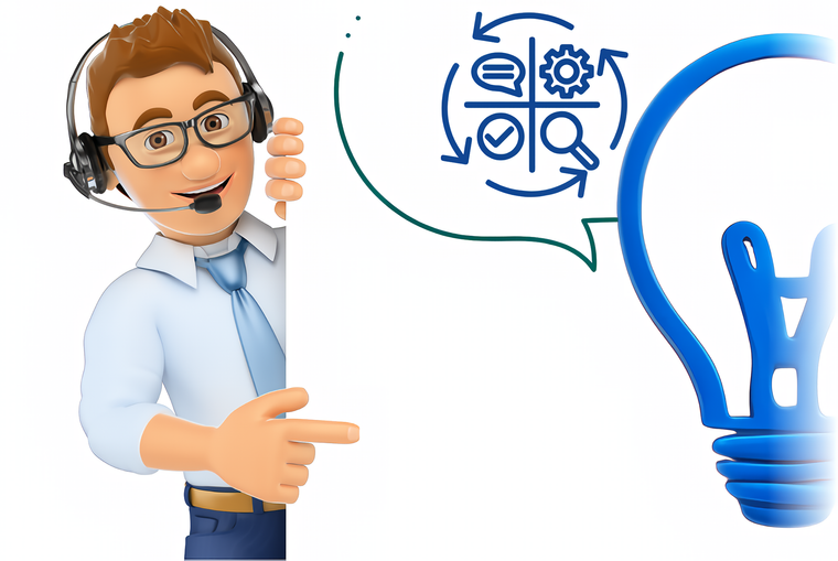 Un hombre con auriculares señala un cartel, un globo de diálogo con iconos y una bombilla azul.