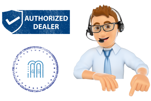 Distribuidor autorizado con un representante de servicio al cliente de dibujos animados apuntando hacia abajo.