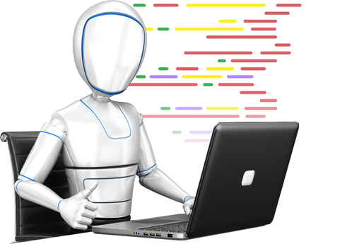 Robot con codificación en computadora portátil; líneas de código en el fondo.
