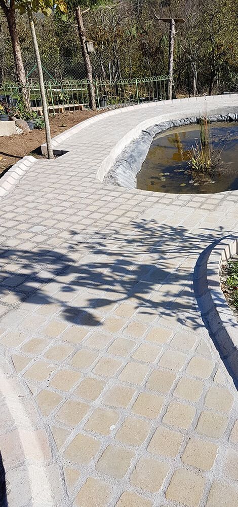 Un chemin de pierres claires serpente le long d'un petit étang sombre, dans un jardin ensoleillé.