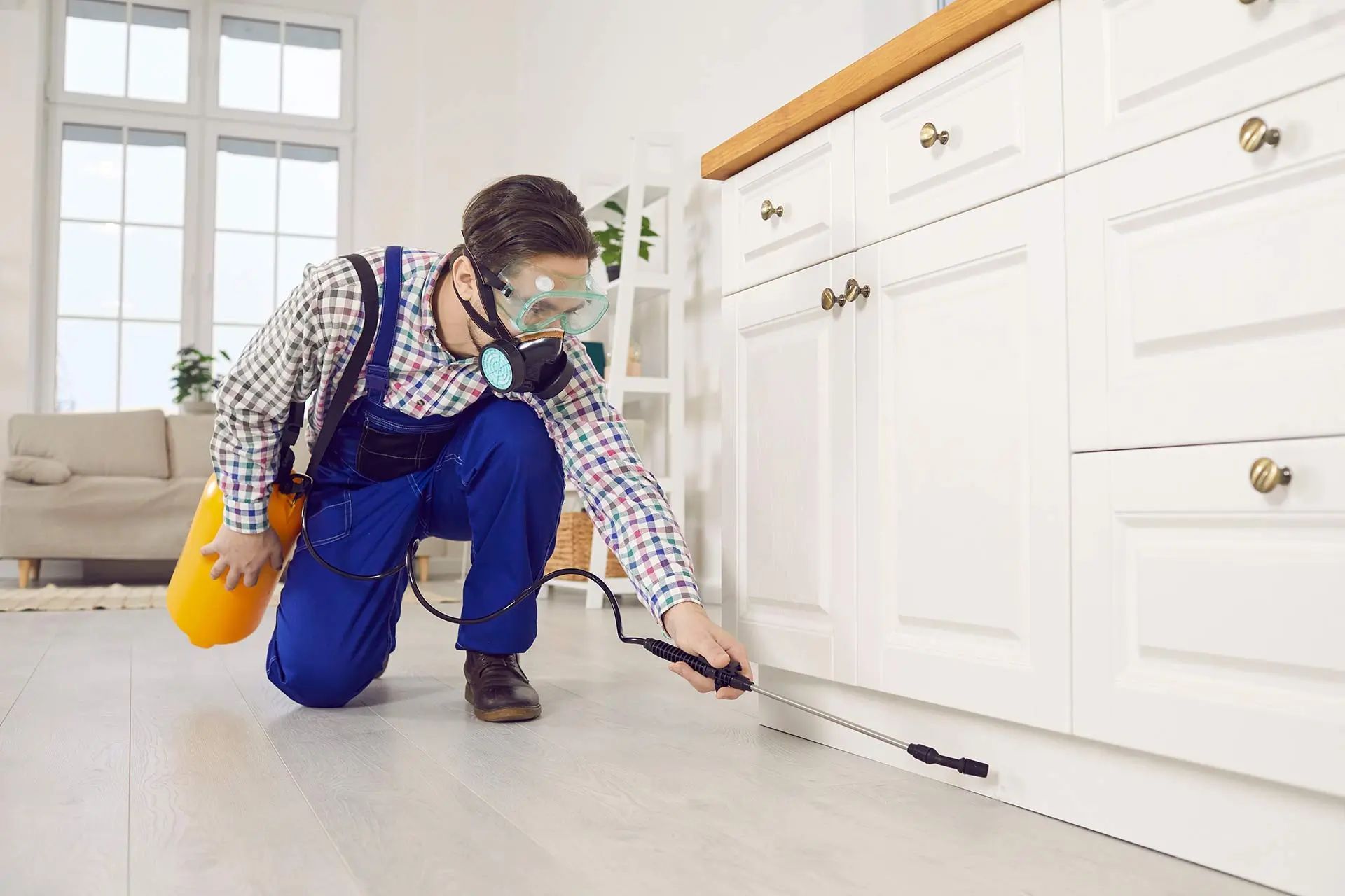 Un hombre está rociando un insecto en una cocina.