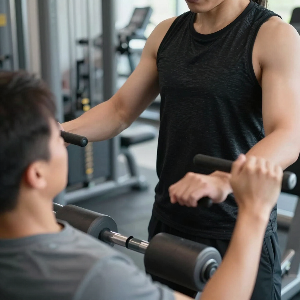 Un entrenador de gimnasio ayuda a un cliente a usar una máquina de remo sentado en un gimnasio.