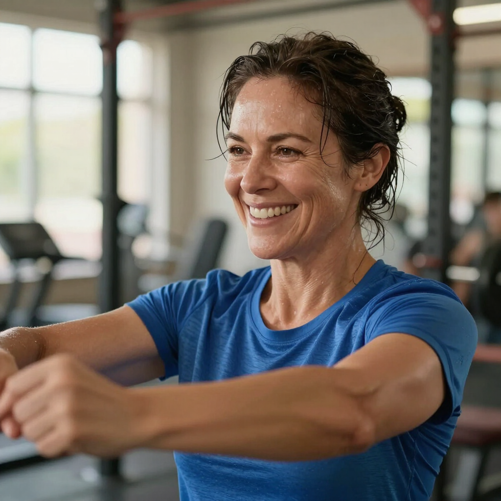 Mujer sonriente con camisa azul estirándose en un gimnasio.