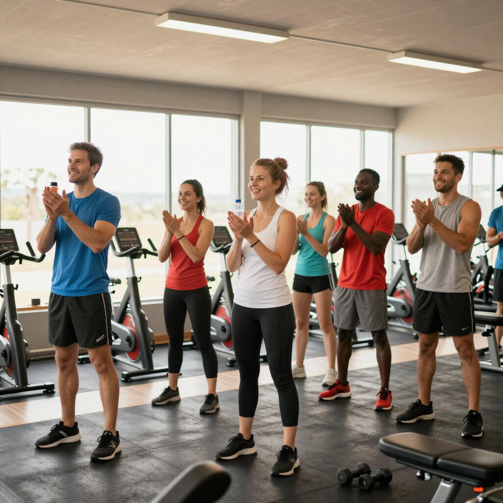 Gente haciendo ejercicio y aplaudiendo en un luminoso gimnasio con cintas de correr y mancuernas.