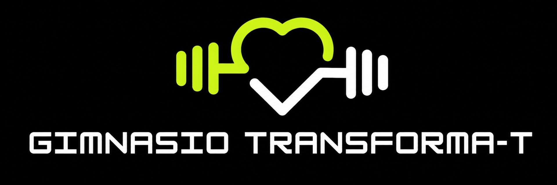 Logotipo de Gymnasio Transforma-T con un icono de mancuerna en forma de corazón de color lima y blanco sobre fondo negro.