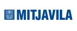 Un logotipo azul de Mitjavila sobre un fondo blanco.