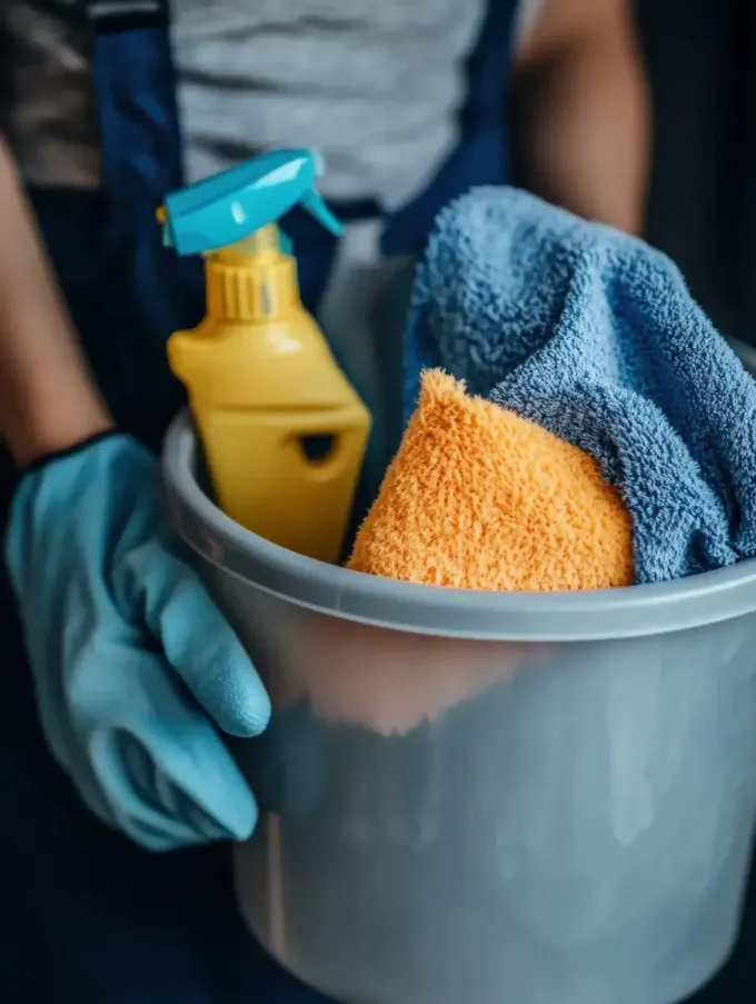 Persona con guantes azules sosteniendo un balde con productos de limpieza: botella rociadora, esponja y paño.