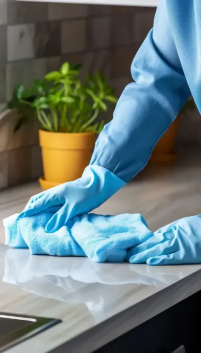 Persona con guantes azules limpiando una encimera blanca con un paño azul; en el fondo hay una planta en una maceta amarilla.