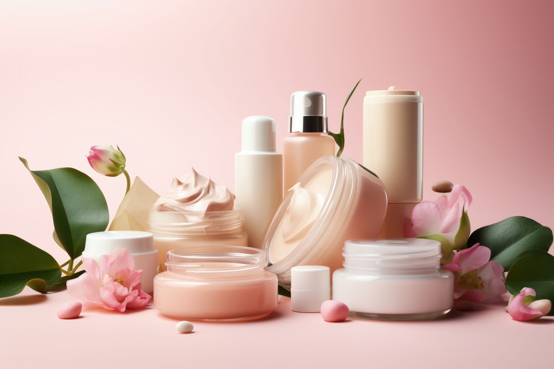 Ensemble de crèmes de soin et des pétales de fleurs sur un fond rose 
