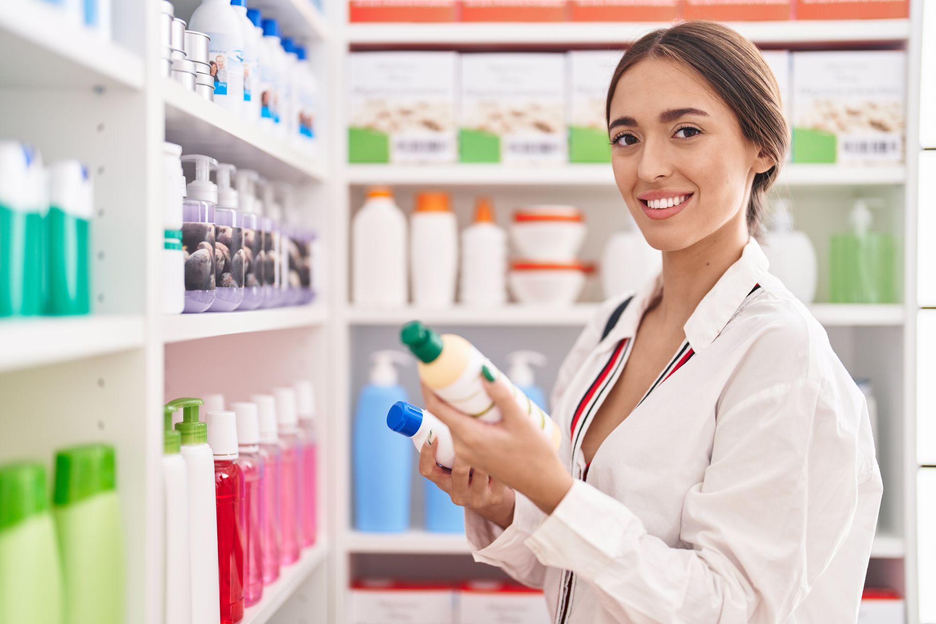 Femme qui sourit devant un étalage de produits et qui tient un flacon dans chaque main