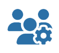 Icono azul de tres personas con un engranaje, que representa la configuración del equipo o la gestión de usuarios.