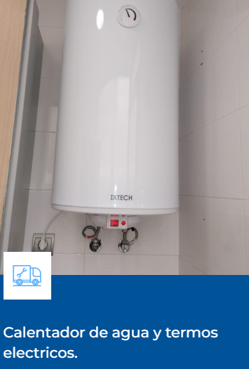 Calentador de agua eléctrico blanco montado en la pared del baño, con texto “Calentador de agua y termos eléctricos”.