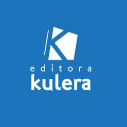 um logotipo azul e branco para editora kulera sobre fundo azul.