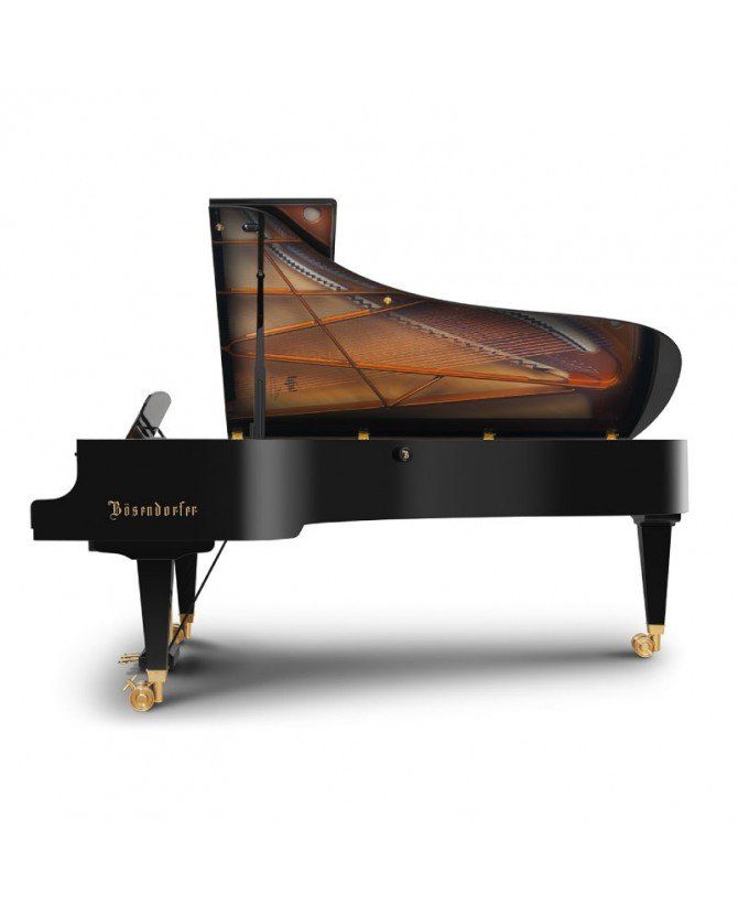 Un piano à queue noir est posé sur une surface blanche.