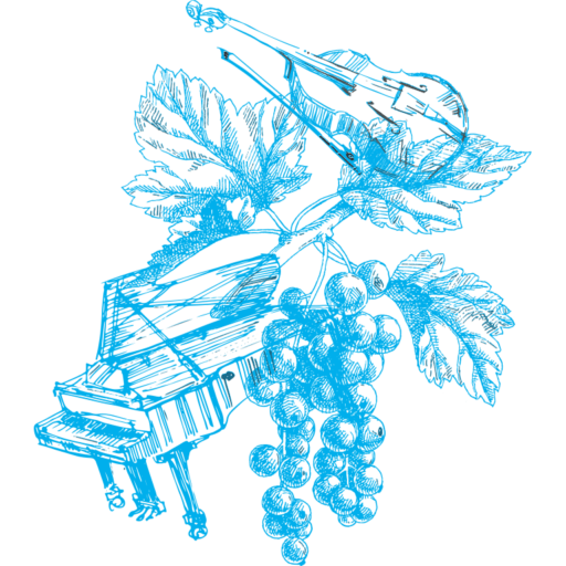 Un dessin d'un piano, d'un violon et de raisins