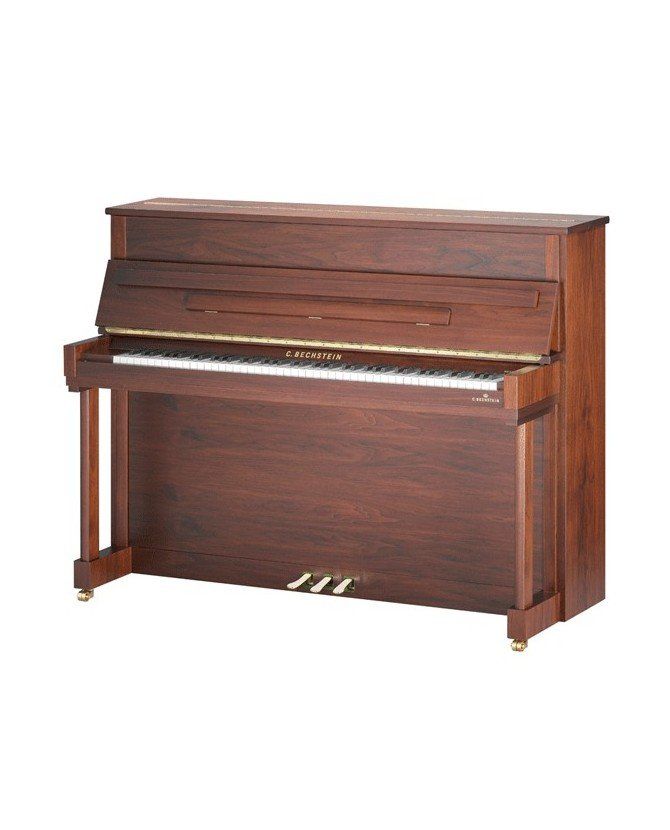 Un piano droit marron avec des touches blanches sur fond blanc