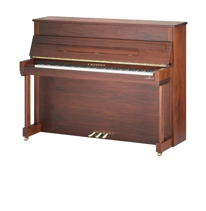 Un piano droit marron avec un fond blanc